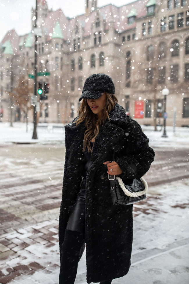 fashion blogger mia mia mine wearing a topshop teddy bear coat and faux leather pants from nordstrom