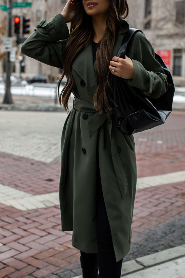 fashion blogger wearing an olive trench coat for spring