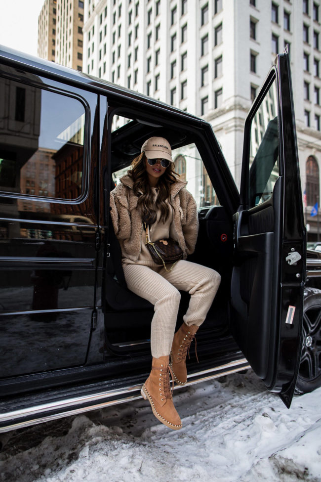 fashion blogger wearing a camel loungewear set from forever 21