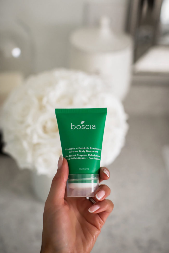 beauty blogger reviewing boscia's new prebiotic and probiotic deodorant