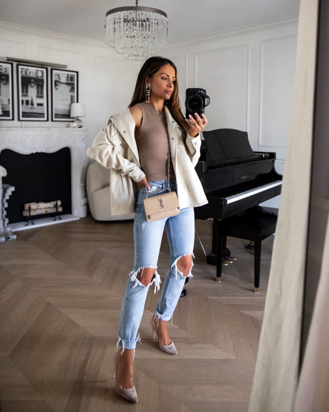 fashion blogger mia mia mine wearing a shacket from forever 21