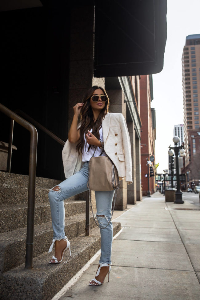 fashion blogger wearing a lagence blazer and moussy denim from saks fifth avenue