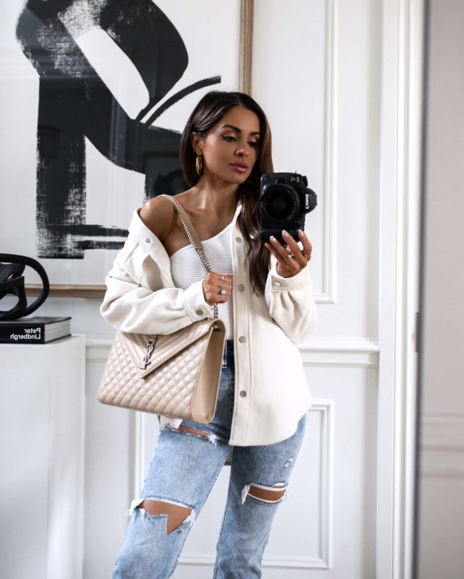 fashion blogger mia mia mine wearing a shacket fromabercrombie