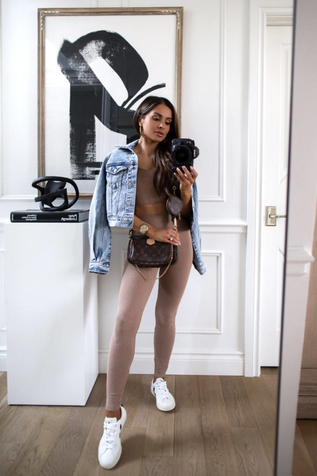 fashion blogger mia mia mine wearing a nude knit set from abercrombie