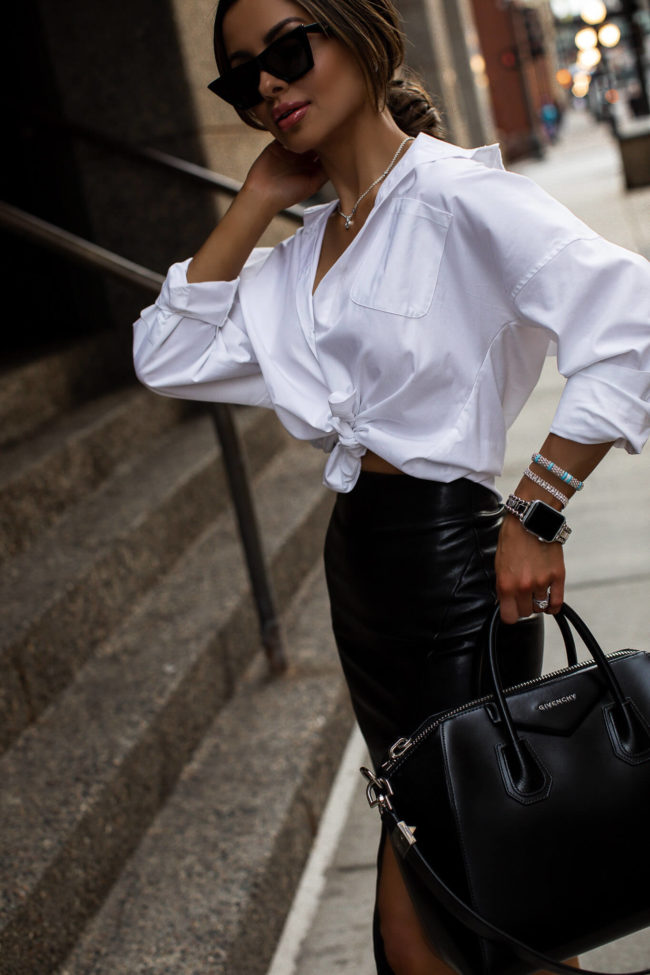 fashion blogger mia mia mine wearing a white button up with lagos jewelry from nordstrom