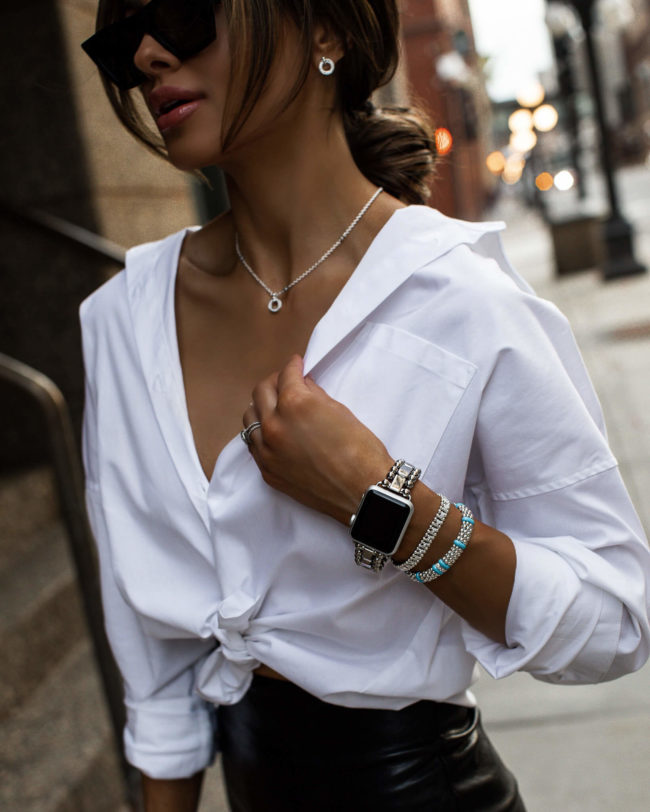 fashion blogger mia mia mine wearing a lago apple watch band from nordstrom