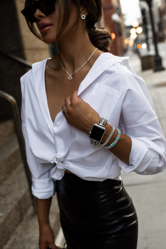 fashion blogger mia mia mine wearing a lago apple watch band from nordstrom