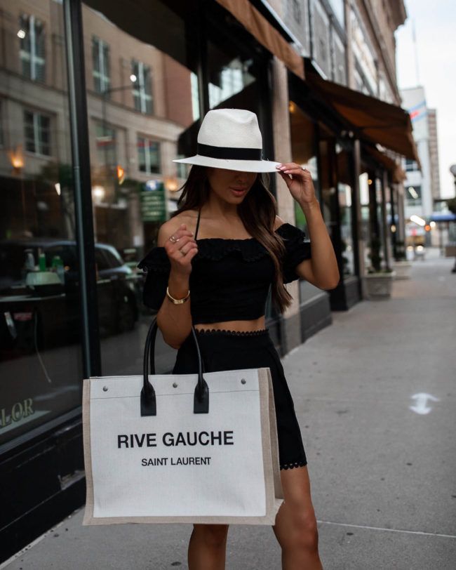 mia mia mine wearing a black linen set from express