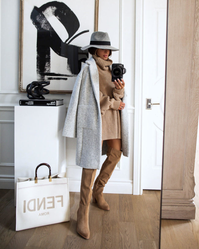 fashion blogger mia mia mine wearing a gray coat from the nordstrom anniversary sale and a free people camel sweater