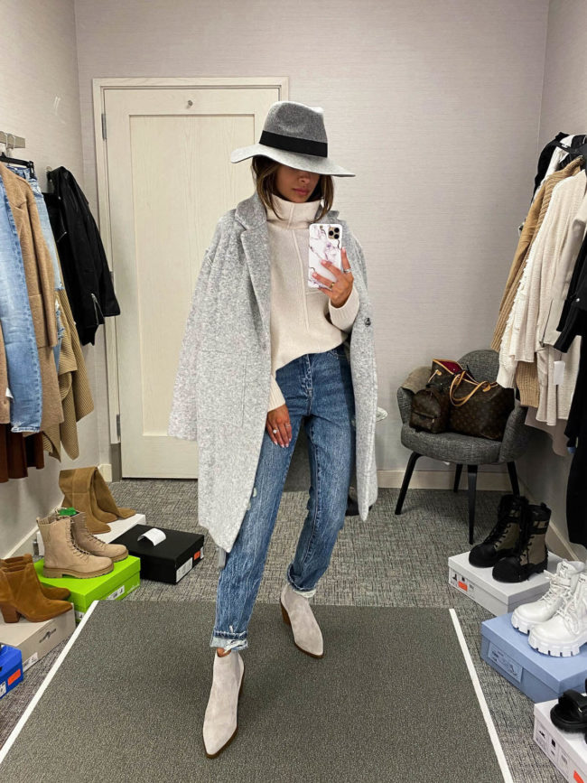 mia mia mine wearing a gray coat from the nordstrom anniversary sale 2021