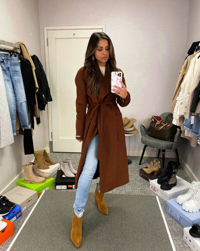 fashion blogger wearing a brown coat from the nsale