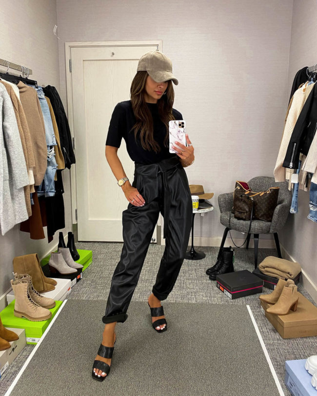 mia mia mine wearing faux leather paperbag waist trouser from the nordstrom anniversary sale 2021
