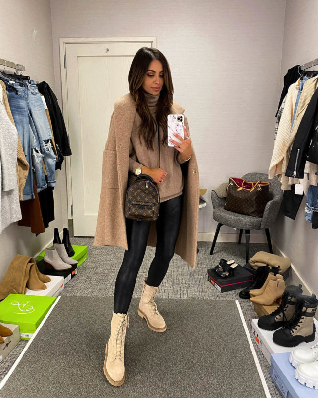 fashion blogger mia mia mine wearing faux leather leggings and sam edelman combat boots from the nordstrom anniversary sale