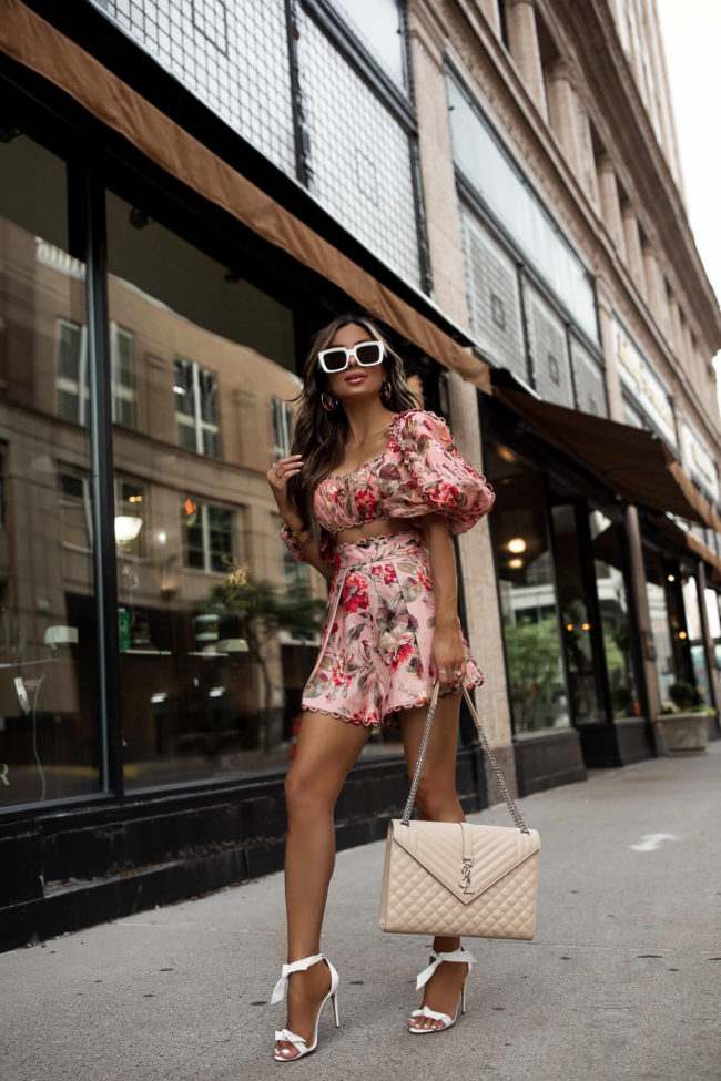 fashion blogger wearing a floral zimmermann set for summer 2021