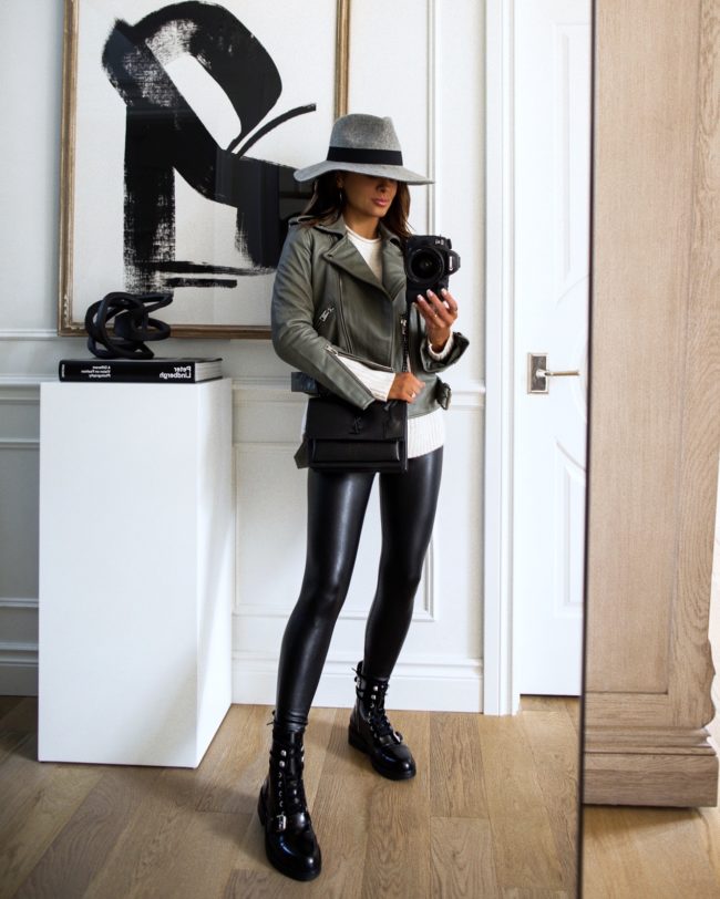 fashion blogger mia mia mine wearing allsaints leather jacket and allsaints combat boots from the 2021 nsale
