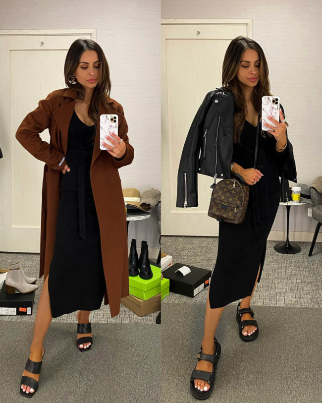 mia mia mine styling a black knit midi dress from the nsale