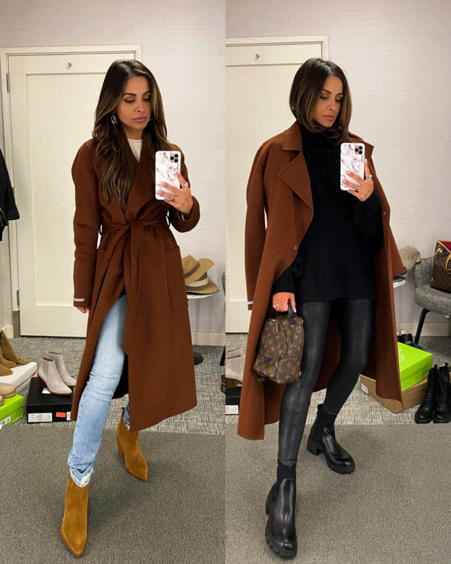 fashion blogger mia mia mine wearing a brown wrap coat from the nsale