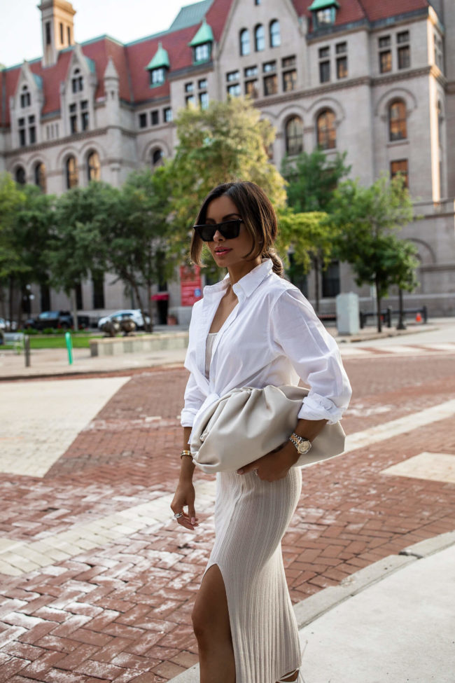 mia mia mine wearing a white shirt by abercrombie and a knit skirt