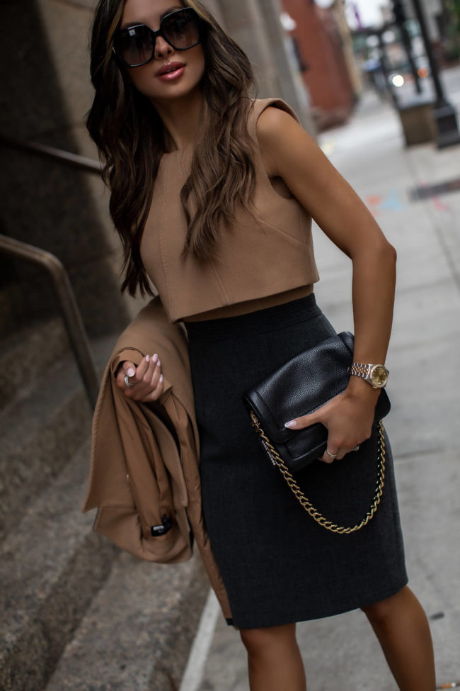 fashion blogger mia mia mine wearing a camel dress from rent the runway and a marc jacobs bag