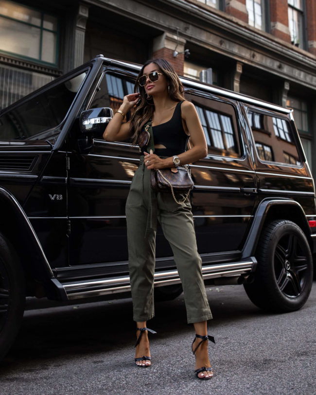 mia mia mine wearing paperbag waist olive green pants from nordstrom