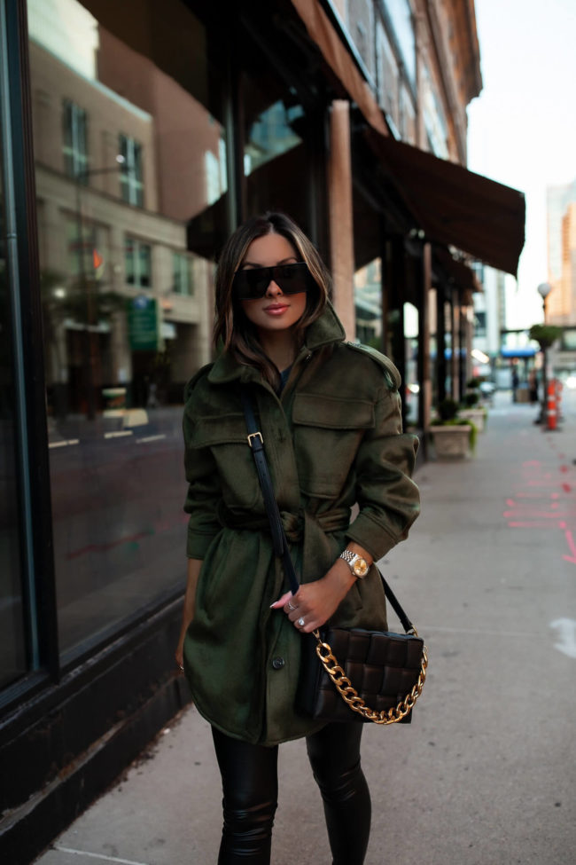 fashion blogger wearing a military shacket by scoop at walmart