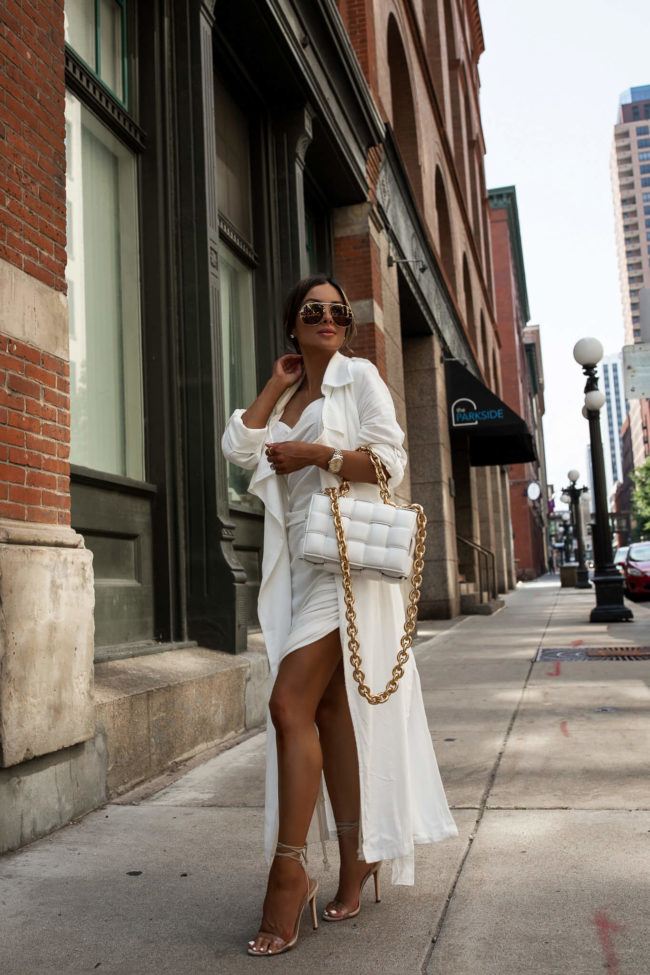 fashion blogger wearing a white linen dress and white trench coat by jluxlabel