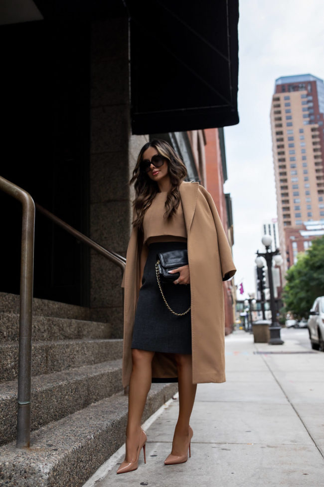 mia mia mine wearing a camel dress and camel coat from rent the runway