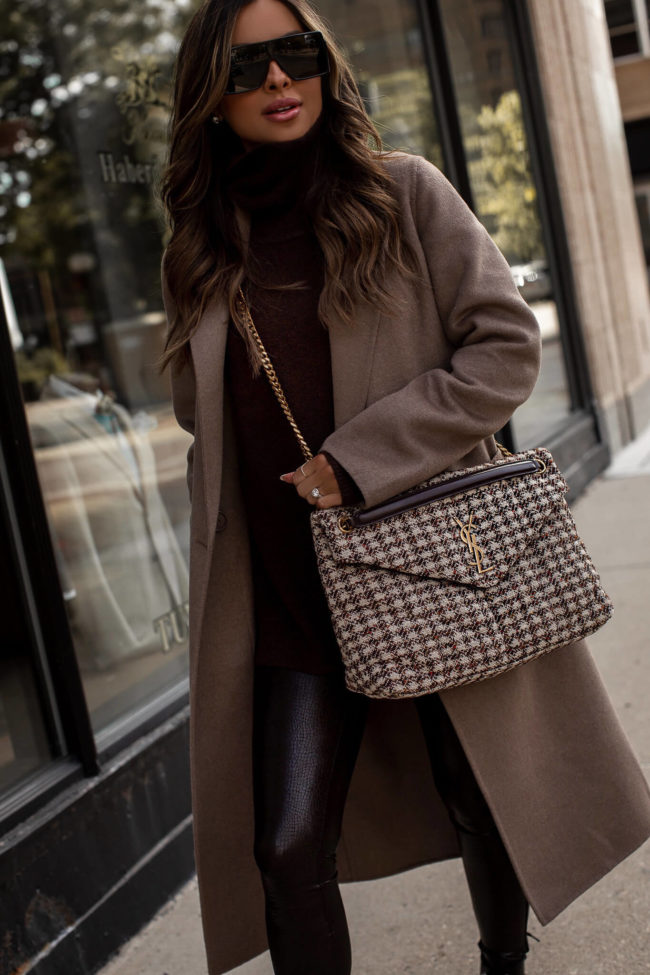 fashion blogger wearing a ysl tweed puffer bag from nordstrom