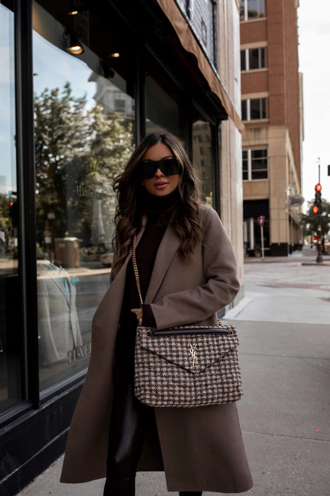 mia mia mine wearing a saint laurent lou puffer tweed bag for fall from nordstrom