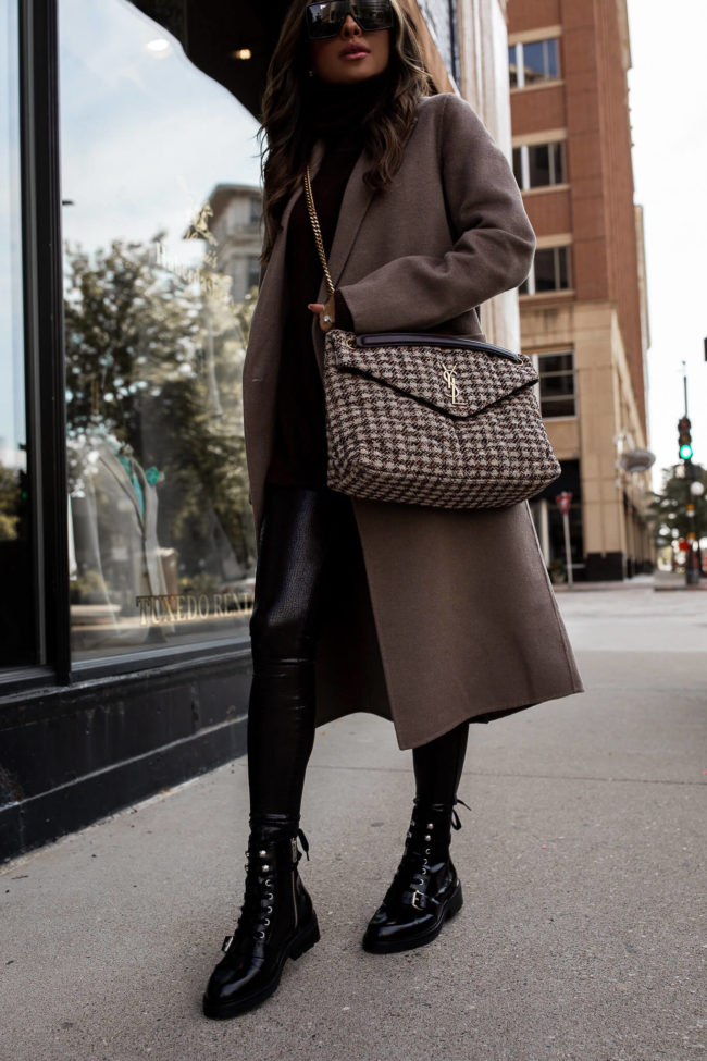 fashion blogger wearing a ysl tweed puffer bag from nordstrom and allsaint combat boots