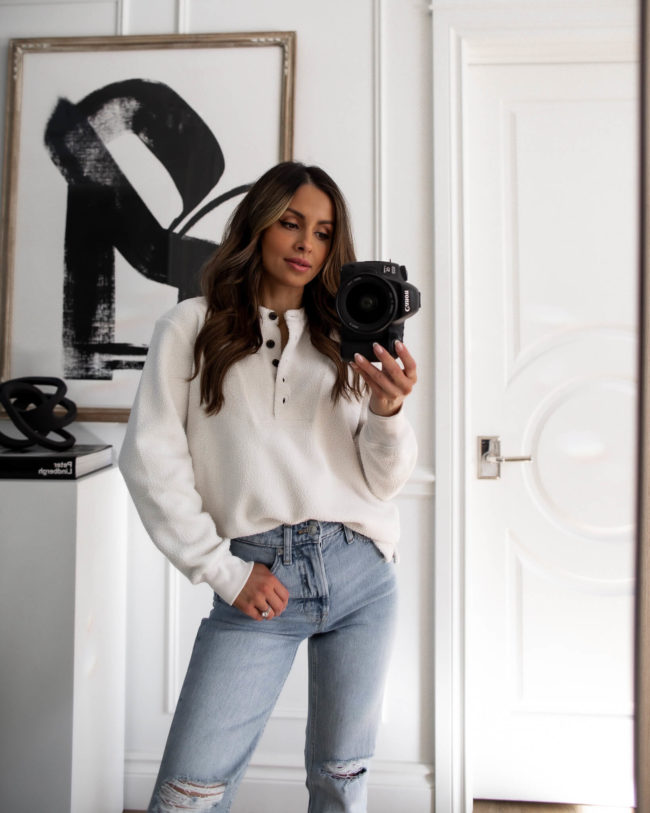 fashion blogger wearing a white teddy henley from walmart