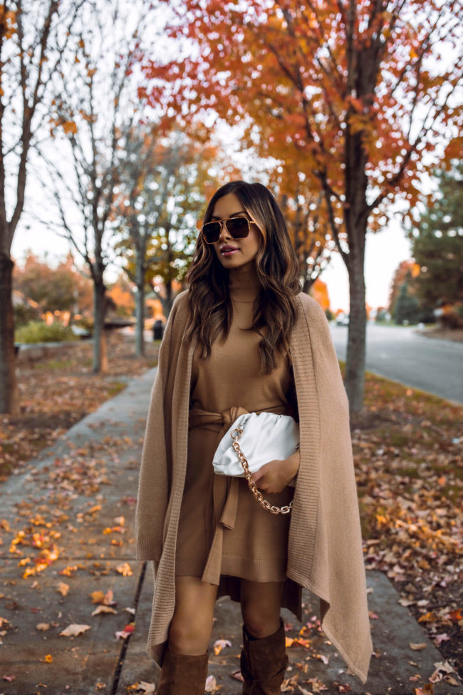 fashion blogger wearing a camel waterfall cardigan outfit