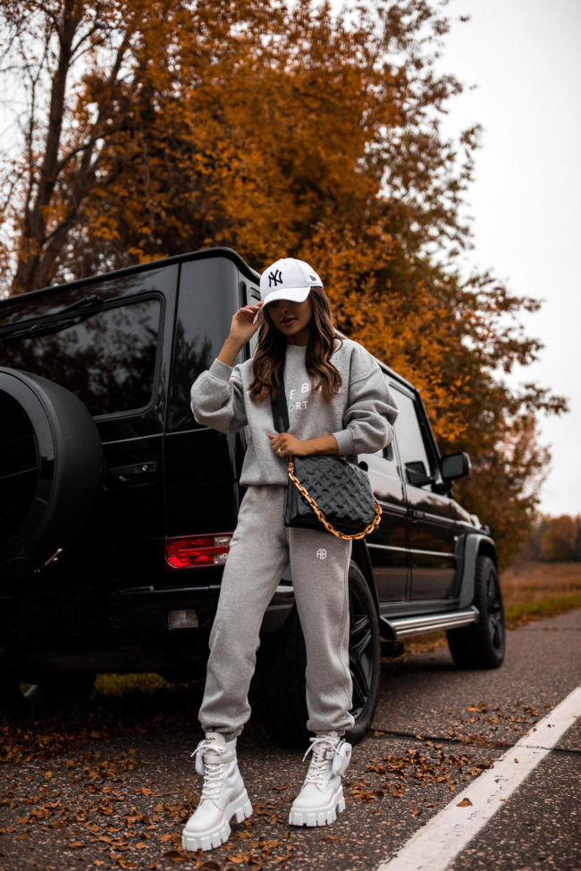 fashion blogger wearing a gray anine bing sweatsuit