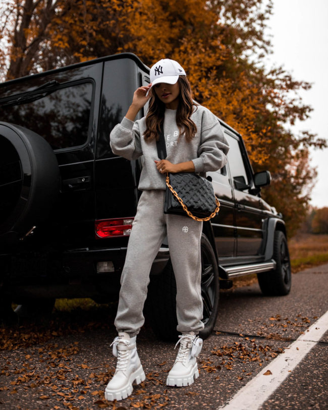 fashion blogger wearing a gray anine bing sweatsuit