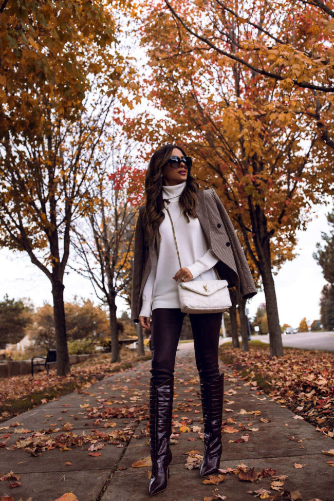 fashion blogger mia mia mine wearing a plaid blazer for fall