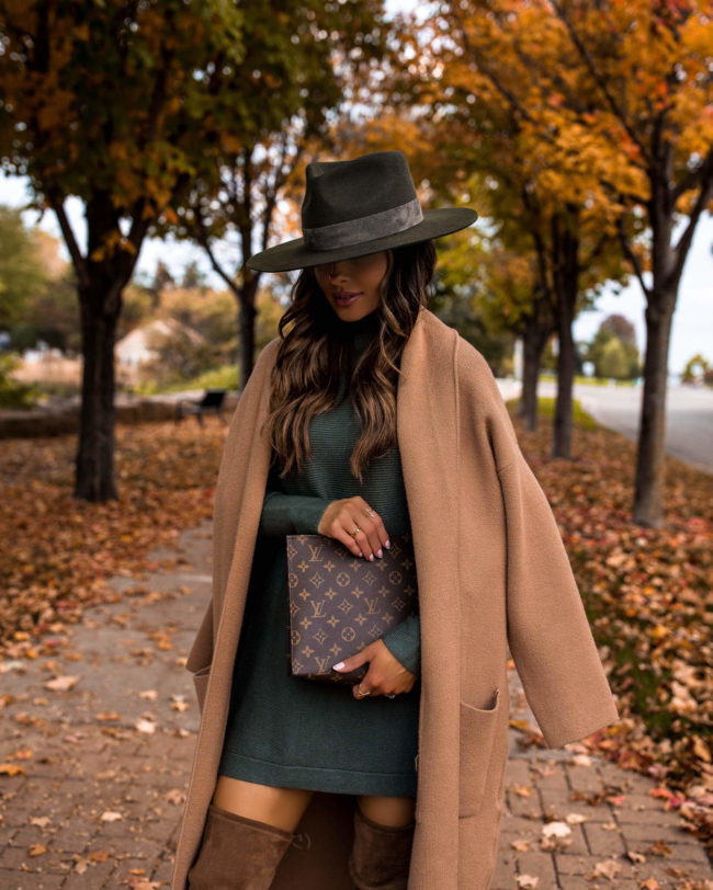 fashion blogger wearing a camel coat and louis vuitton toiletry pouch