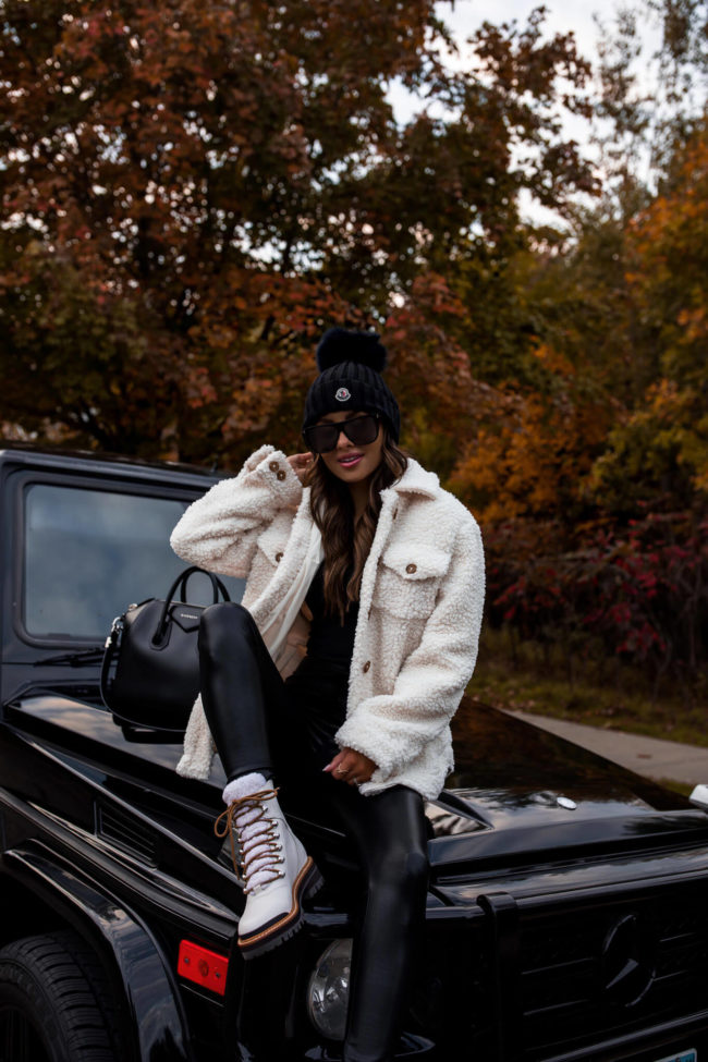 fashion blogger wearing marc fisher shearling white boots from nordstrom