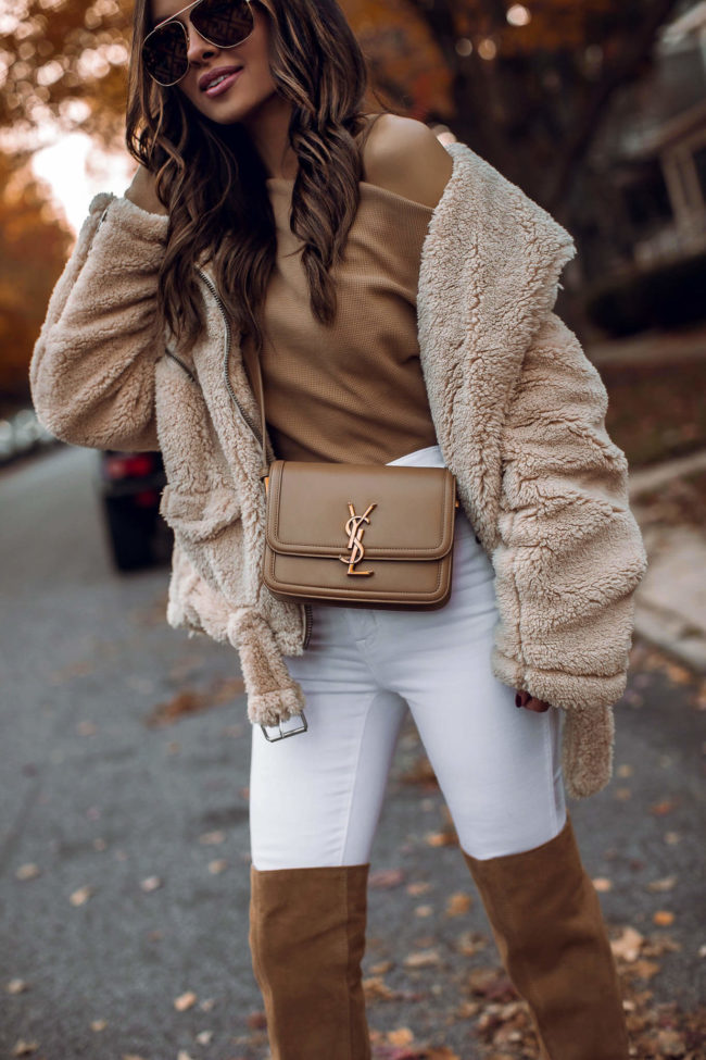 fashion blogger mia mia mine wearing a camel off the shoulder top and saint laurent solferino bag from nordstrom