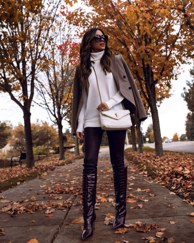fashion blogger mia mia mine wearing a plaid blazer for fall