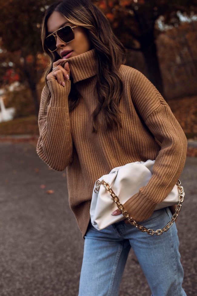 fashion blogger wearing a camel sweater from walmart