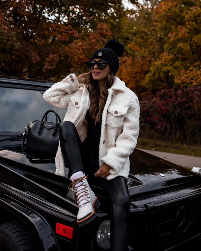fashion blogger wearing white shearling marc fisher boots from nordstrom for fall