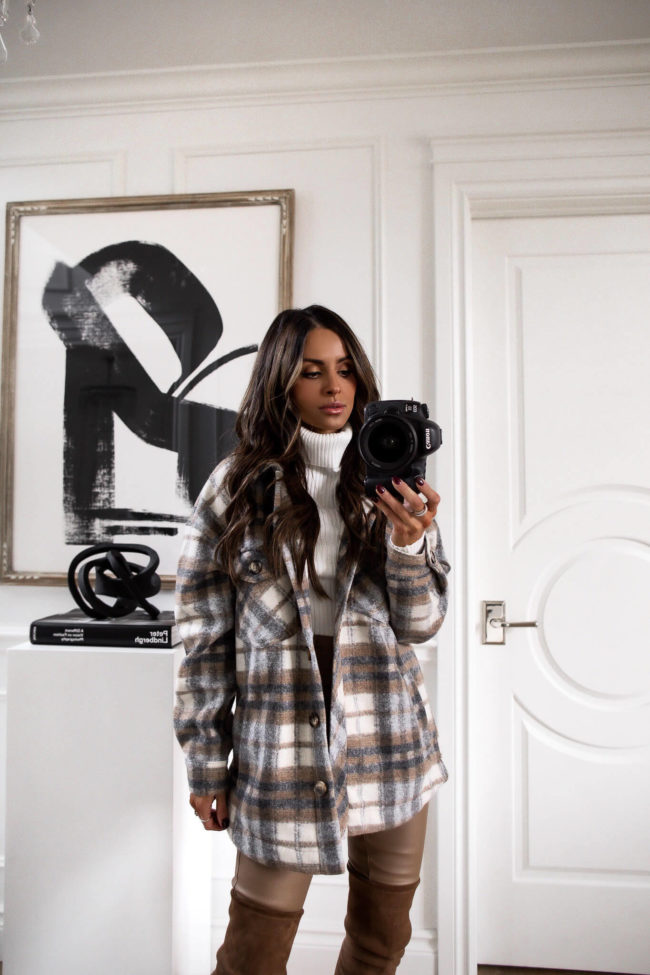 mia mia mine wearing a tan shacket for fall