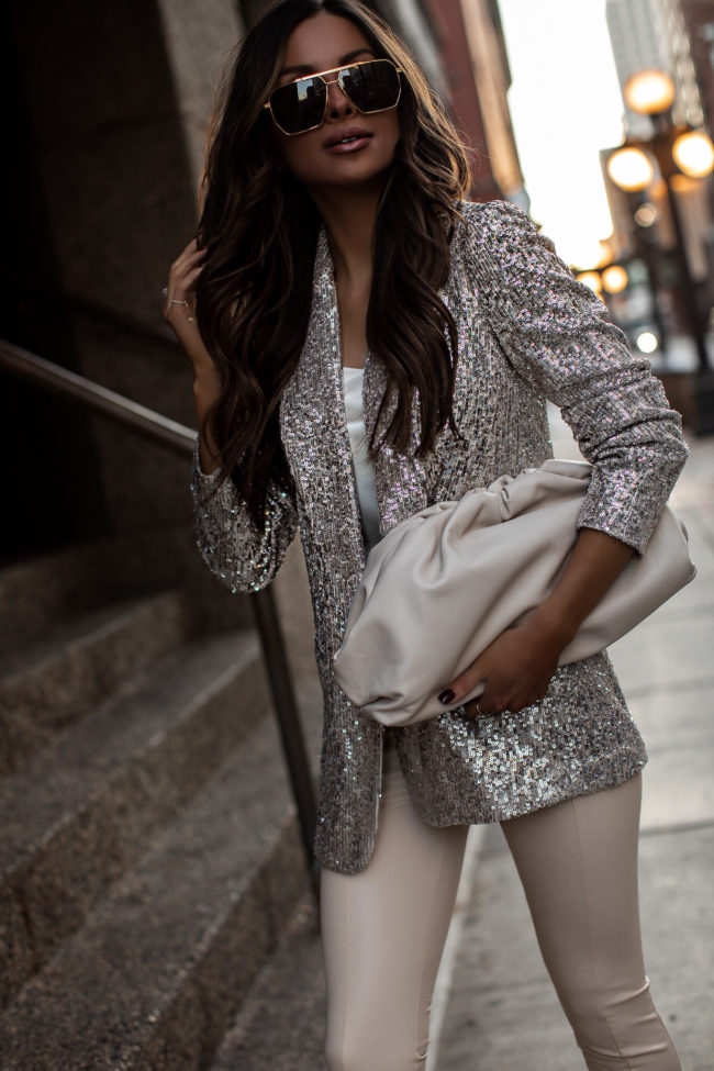fashion blogger wearing a silver sequin blazer outfit from express for holiday