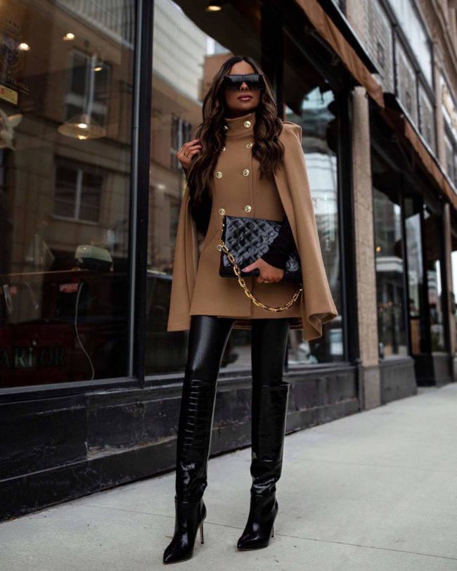 fashion blogger wearing a camel cape and paris texas boots for fall