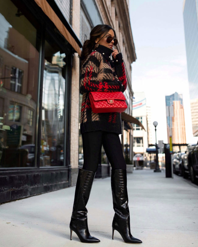 fashion blogger wearing a karen millen tartan print sweater