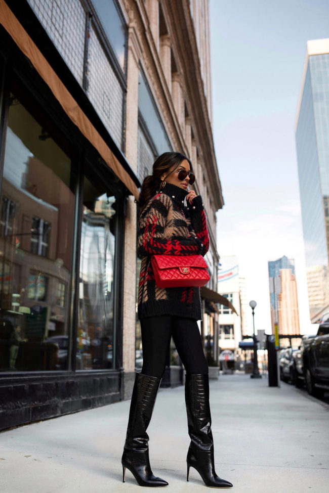 fashion blogger wearing a karen millen tartan print sweater