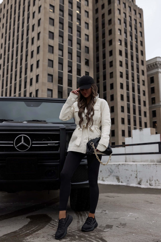 fashion blogger wearing an outfit from walmart's free assembly line
