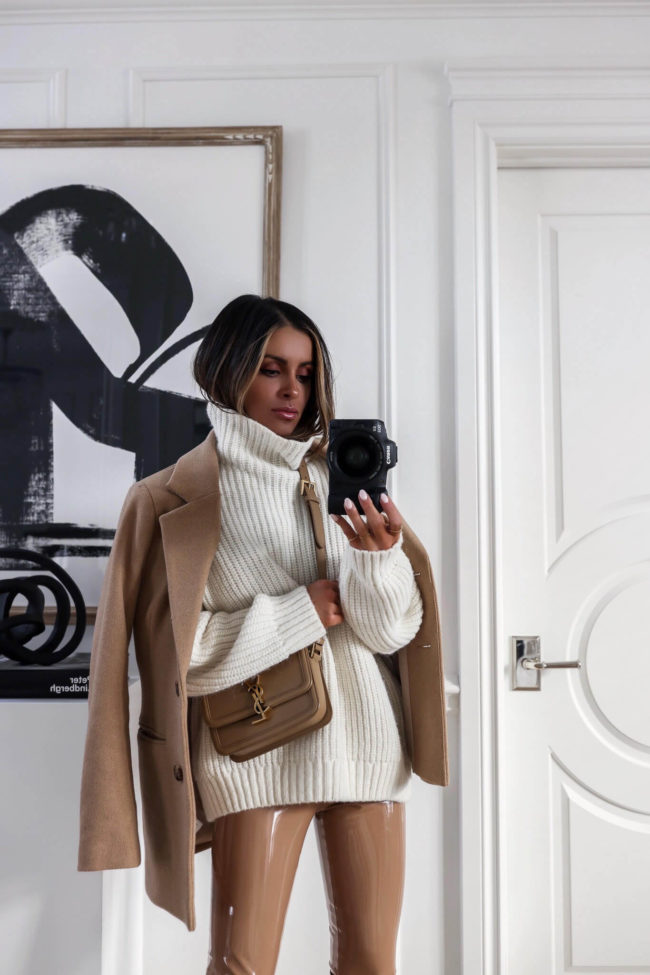 fashion blogger mia mia mine wearing a camel blazer and white sweater by anine bing