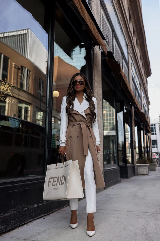 fashion blogger mia mia mine wearing a camel and white trench coat from karen millen