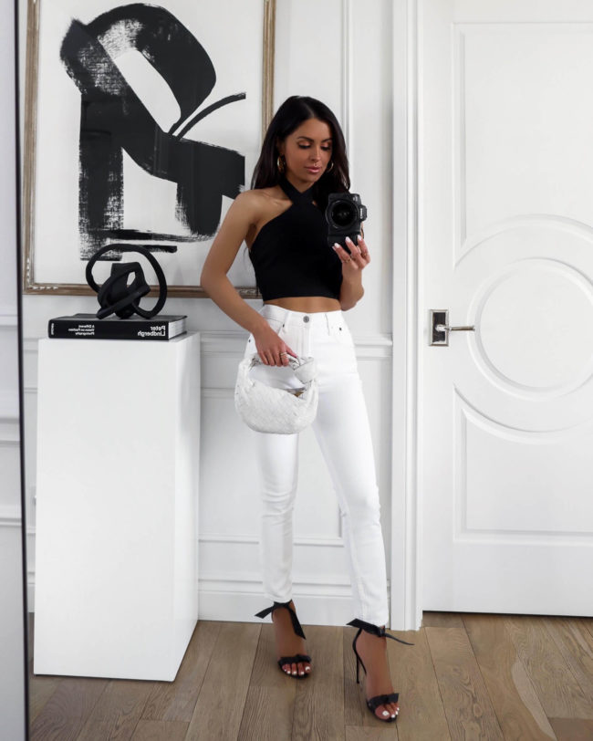 fashion blogger mia mia mine wearing a linen crop top from abercrombie